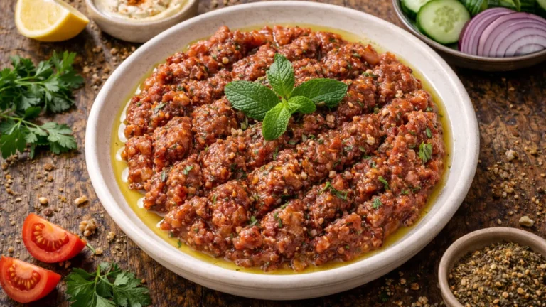 كبة نية لبنانية مقدمة بزيت الزيتون والنعناع.