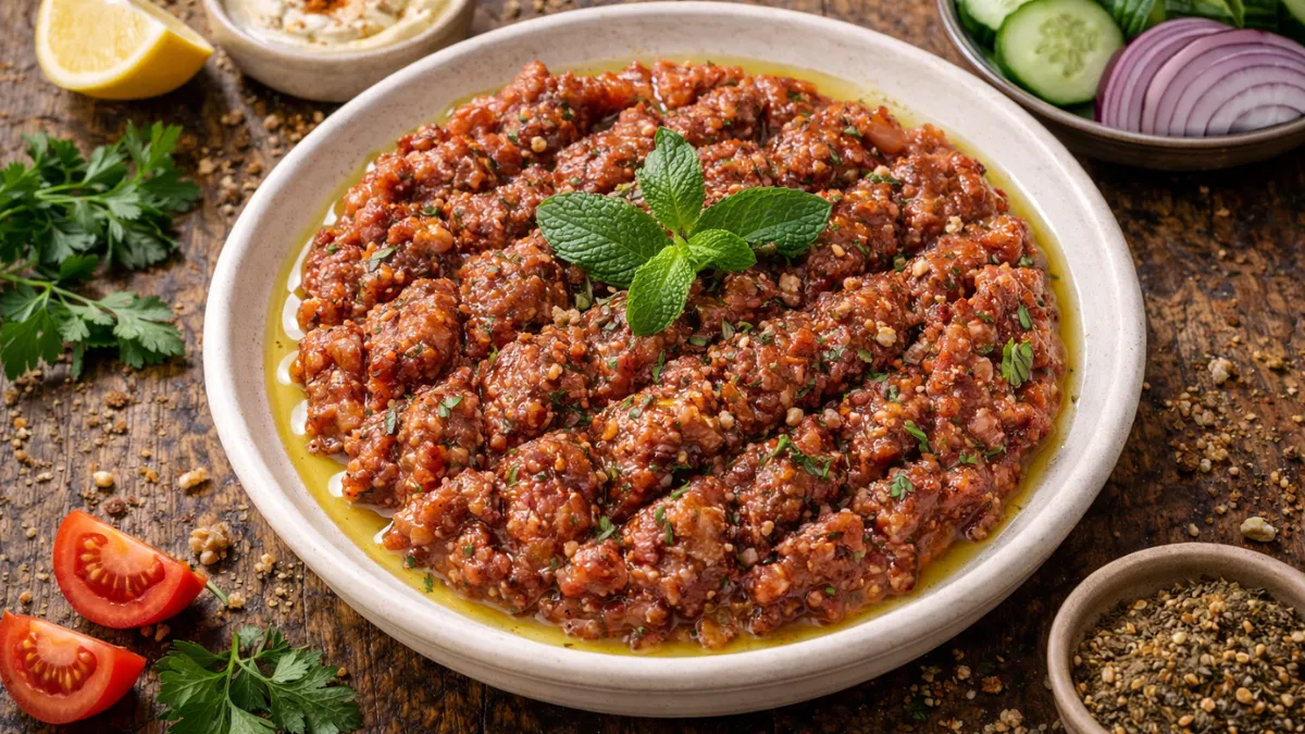 كبة نية لبنانية مقدمة بزيت الزيتون والنعناع.