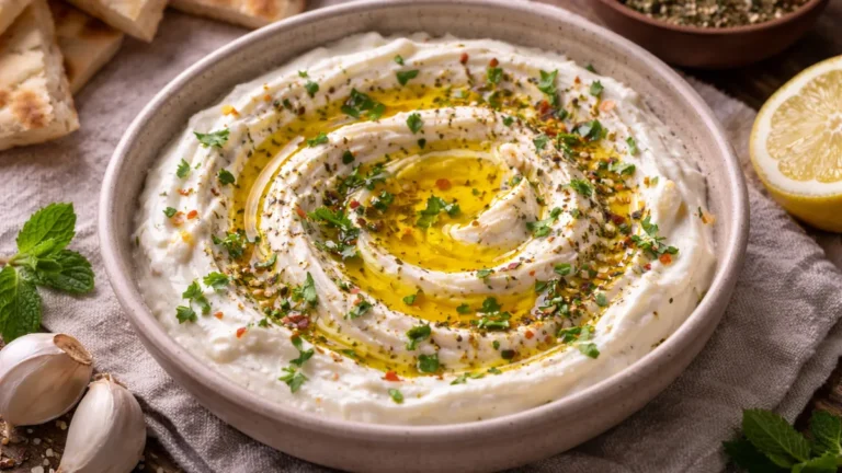 لبنة بالثوم مزينة بزيت الزيتون مقدمة في طبق خزفي تقليدي.