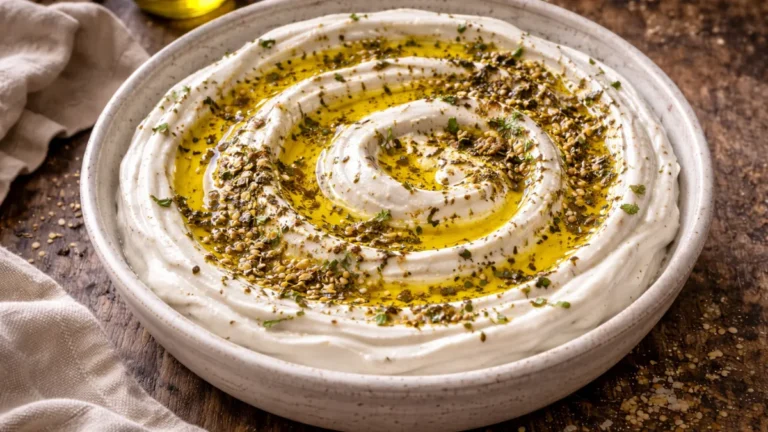 لبنة لبنانية بالزعتر وزيت الزيتون مقدمة على الطريقة الشامية.