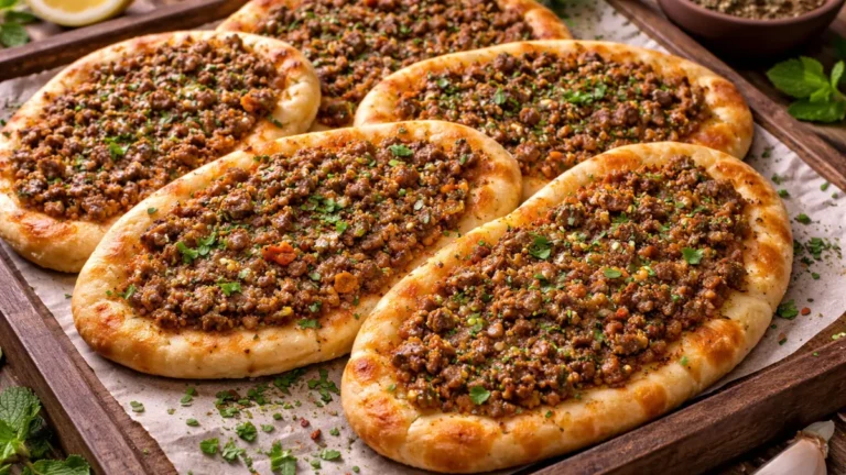 صفيحة لحم بعجين مخبوزة بعجينة رقيقة وحشوة لحم متجانسة.