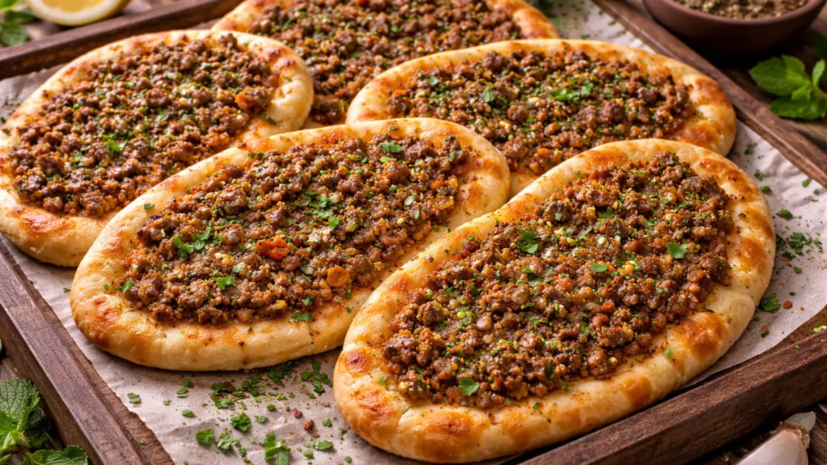 صفيحة لحم بعجين مخبوزة بعجينة رقيقة وحشوة لحم متجانسة.
