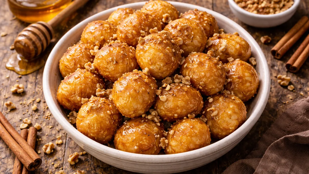 لوكوماديس يونانية مغطاة بالعسل والقرفة.