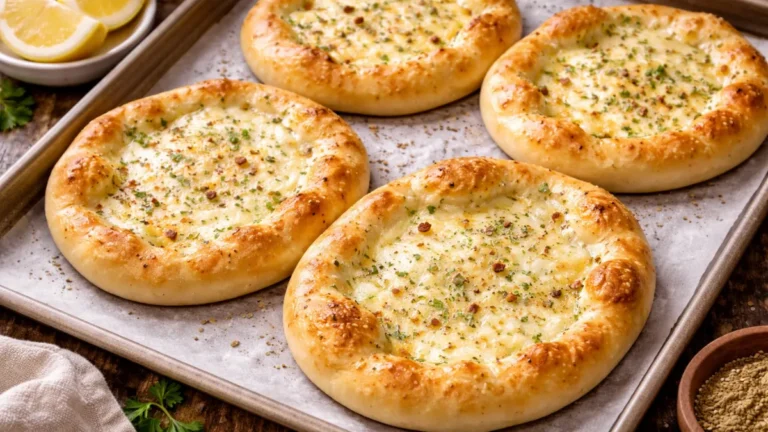 مناقيش جبنة شامية طازجة بجبنة مذابة وحواف منتفخة.