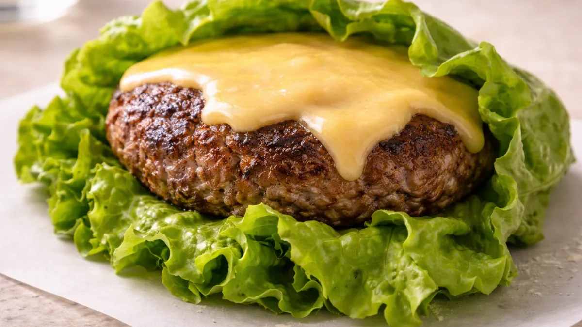 برغر كيتو طري بدون بقسماط مع جبن ذائب ولفائف خس