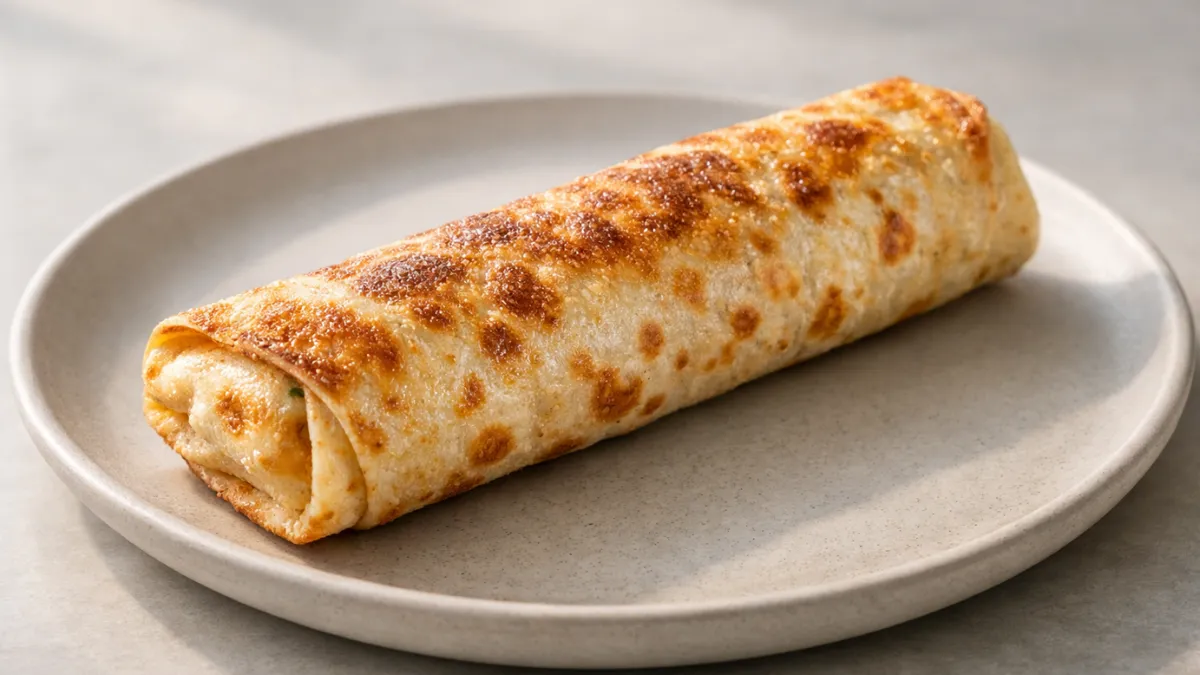 بوريتو إفطار ملفوف ومقرمش بسطح ذهبي وحشوة داخلية متماسكة