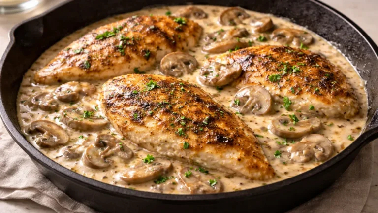 طبق دجاج بالفطر بصلصة كريمية كثيفة مطهو في مقلاة حديدية ومزين بالبقدونس الطازج.