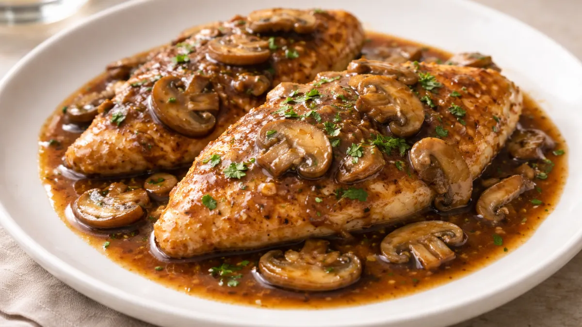 دجاج مارسالا بصلصة الفطر ونبيذ مارسالا بقوام لامع