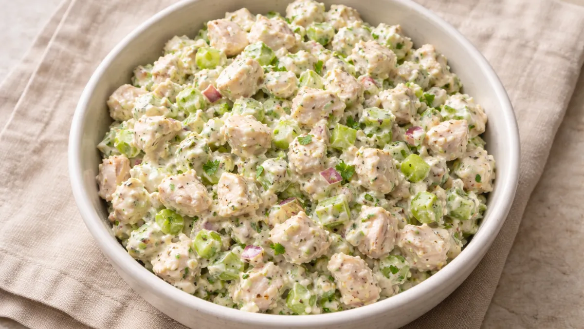 سلطة دجاج كريمية بقوام متوازن وتوزيع واضح للمكونات