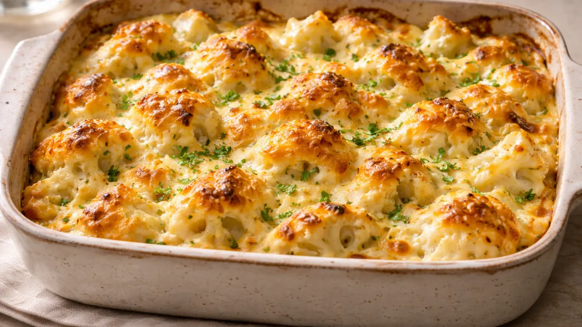 صينية قرنبيط بالجبن كيتو بسطح ذهبي وقوام كريمي