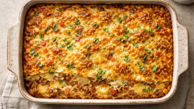 طاجن إفطار مخبوز بالبيض والبطاطس بسطح ذهبي متماسك