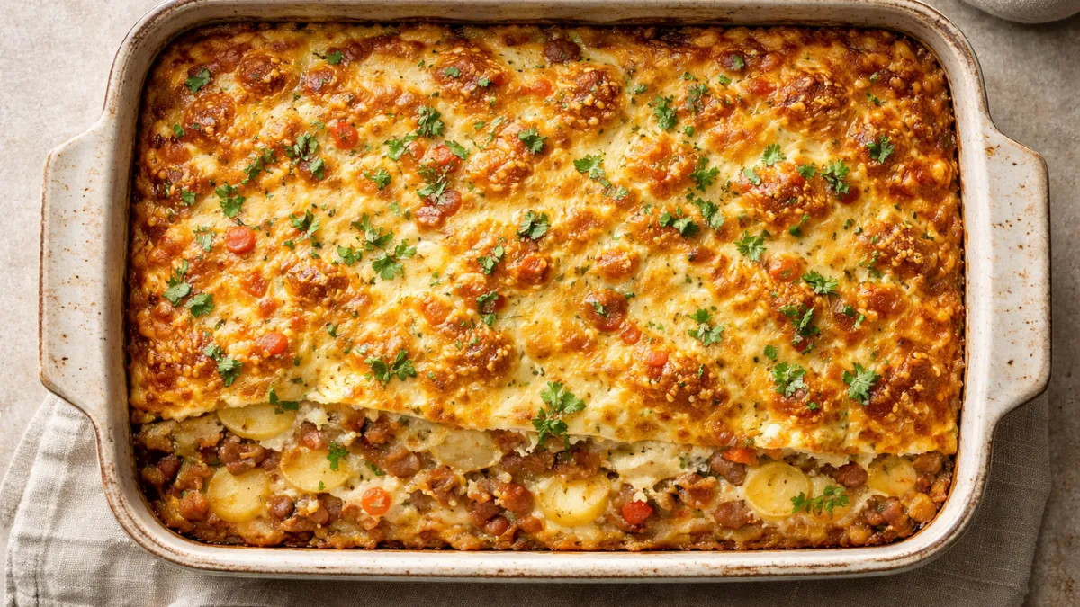 طاجن إفطار مخبوز بالبيض والبطاطس بسطح ذهبي متماسك