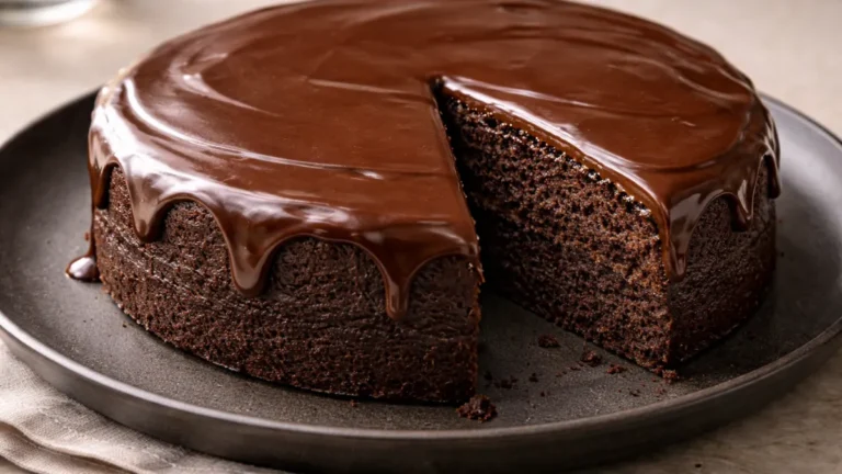 شريحة كعكة شوكولاتة كيتو بطبقة غاناش لامعة وقوام داخلي رطب على طبق داكن.