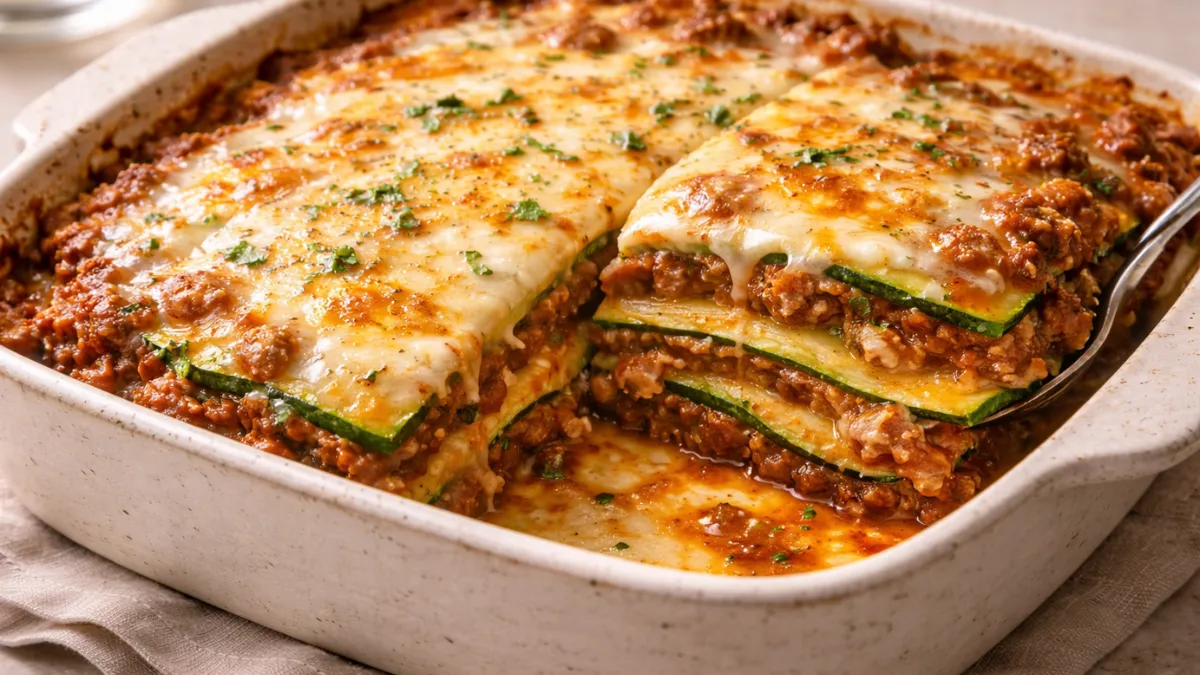لازانيا كيتو بشرائح الكوسا تظهر طبقات اللحم والجبن بوضوح داخل طبق خبز زجاجي.