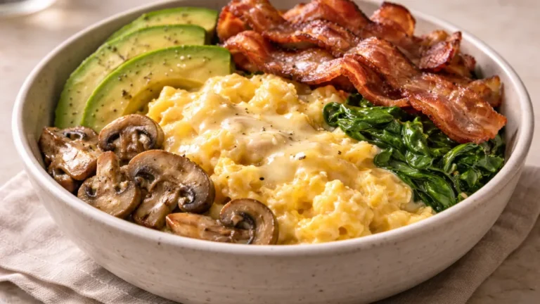 وعاء فطور كيتو يحتوي على بيض كريمي وأفوكادو وجبن وخضروات مطهوة مع لحم مقدد مقرمش.